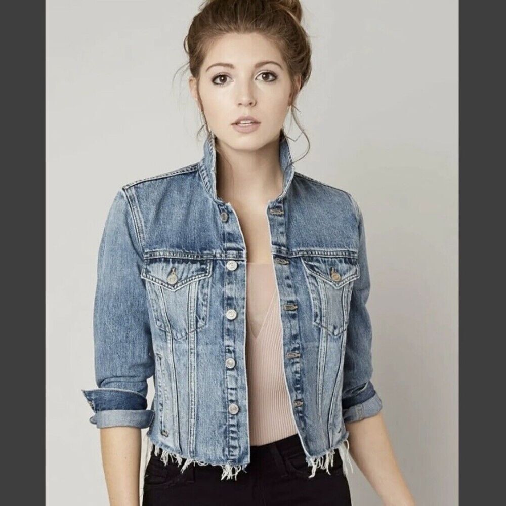 Lucky Brand The Tomboy Trucker Frayed Raw Hem Crop Blue Jean Jacket SZ Large